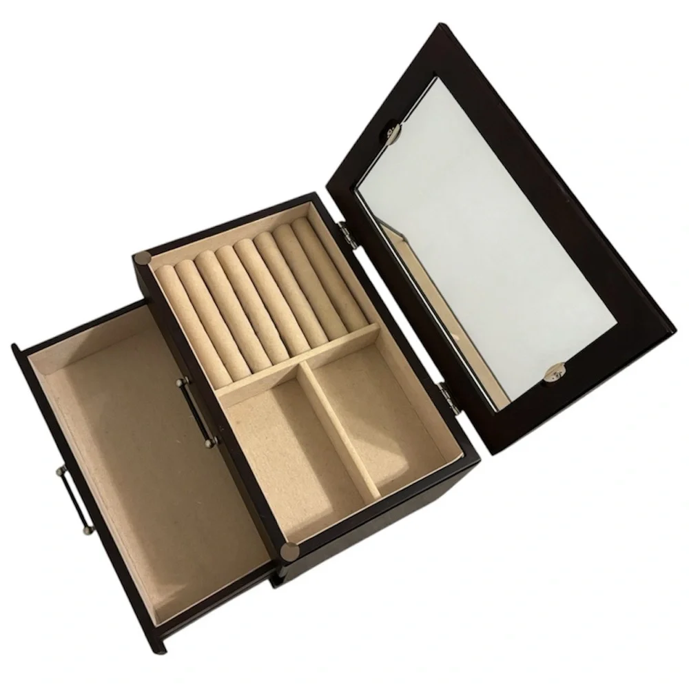 Vintage Dark Wood Jewelry Box 2-Drawer Glass Lid Trinket Organizer Picture Frame